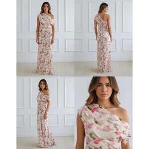 Lucy Paris Arta Pink Floral Gathered Maxi Dress One Shoulder Ruched Wedding XS